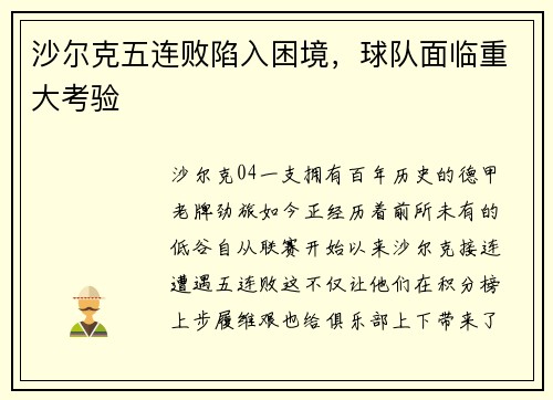沙尔克五连败陷入困境，球队面临重大考验