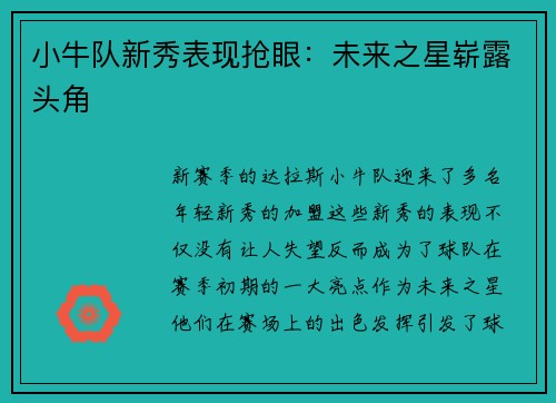 小牛队新秀表现抢眼：未来之星崭露头角