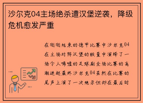 沙尔克04主场绝杀遭汉堡逆袭，降级危机愈发严重